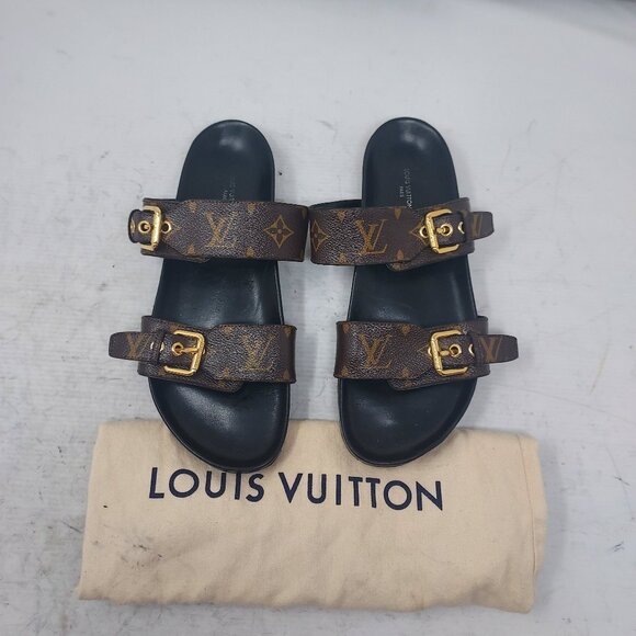 Louis Vuitton Shoes - Louis Vuitton Brown Buckle Bom Dia Monogram Flat Slide Sandal